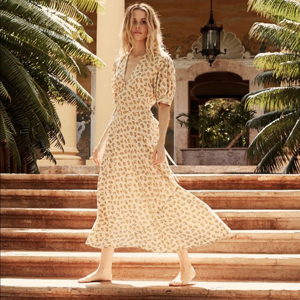 Doen Wisteria Dress in yellow floral. Beautiful raw silk.